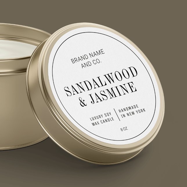 Adesivo Redondo Rótulo de produto simples de velas preto e branco (Minimalist round product label in black and white with stylish fonts and simple layout)