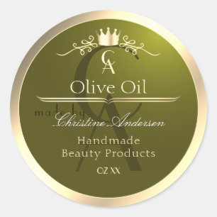 Adesivo Redondo Rótulo de produto verde-oliva com monograma de qua