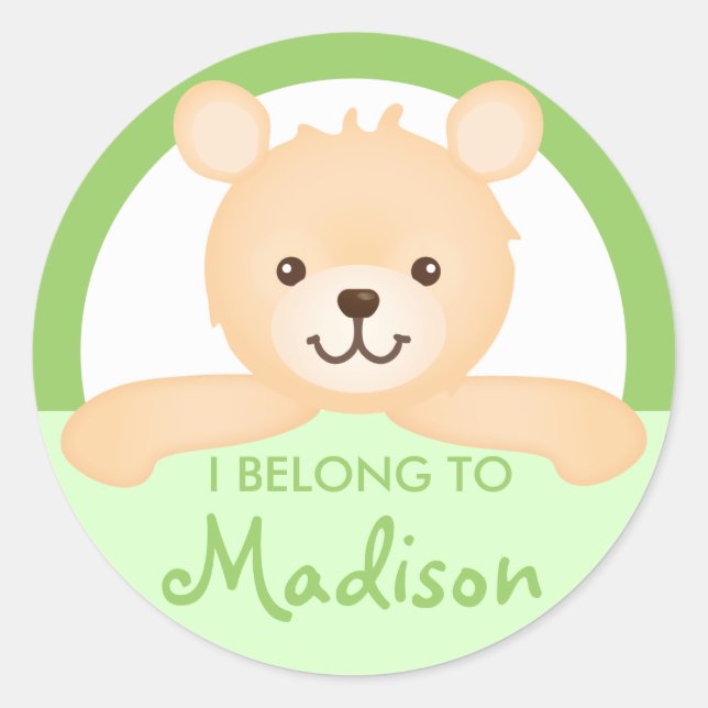 Adesivo Redondo Rótulo de Propriedade do Urso de Teddy (verde) (Frente)
