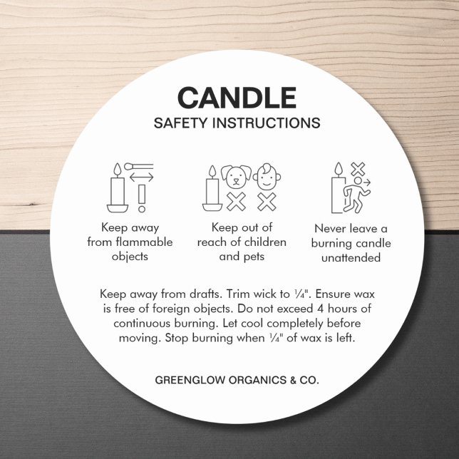 Adesivo Redondo Rótulo de segurança de velas de ícones simples pre (Zazzle Simple Black and White Icons Candle Safety Label (Front))