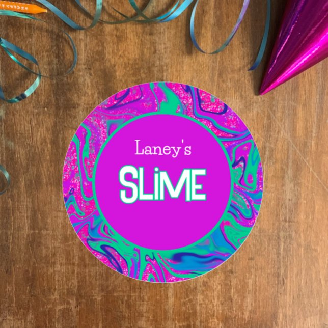 Adesivo Redondo Rótulo de Slime Personalizado, Festa de Slime Groo (Customize this template label, vibrant purple n teal with faux glitter for slime party or homemade)