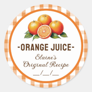 Adesivo Redondo Rótulo de suco de laranja com desenho xadrez