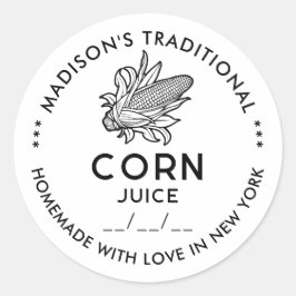 Adesivo Redondo Rótulo de suco de milho preto e branco com espiga