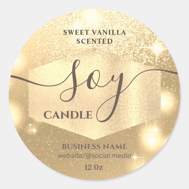 Adesivo Redondo Rótulo de vela de soja em letra cursiva com brilho (Frente)
