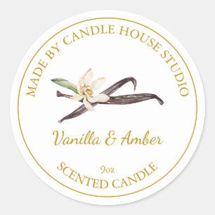 Adesivo Redondo Rótulo de Vela Vanilla Homemada Dourada Branco