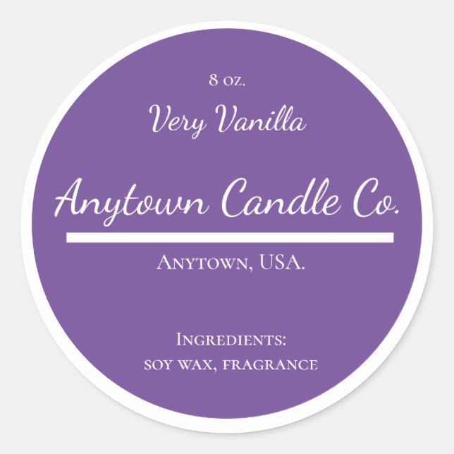 Adesivo Redondo Rótulo de Velas Púrpura e Branca Clássica (Frente)