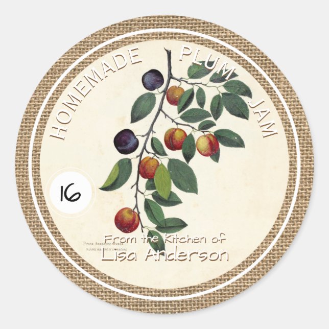 Adesivo Redondo Rótulo de Vintage Rustic Plum Jam round Sticker pe (Frente)