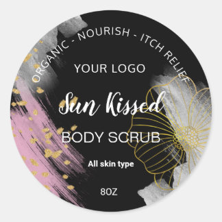 Adesivo Redondo Rótulo do círculo de flores de cor dourado preto