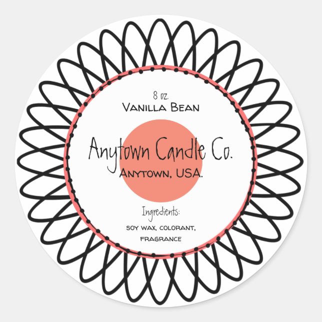 Adesivo Redondo Rótulo do Jar da Vela do Espiro Preto e Salmão (Frente)