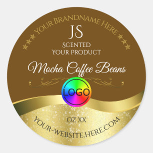 Adesivo Redondo Rótulo do Monograma Dourado Wavy Brown Escuro