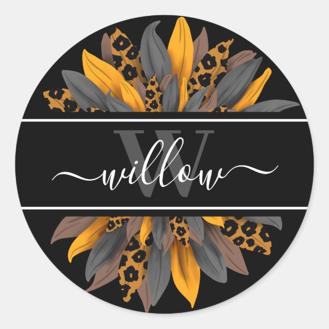 Adesivo Redondo Rótulo do nome da criança girassol das manchas-leo (Frente)