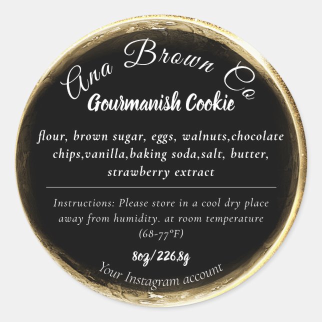 Adesivo Redondo Rótulo do Produto Dourado Preto Moderno (Frente)