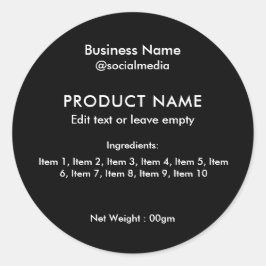 Adesivo Redondo Rótulo do Produto Ingredientes Modernos Pretos