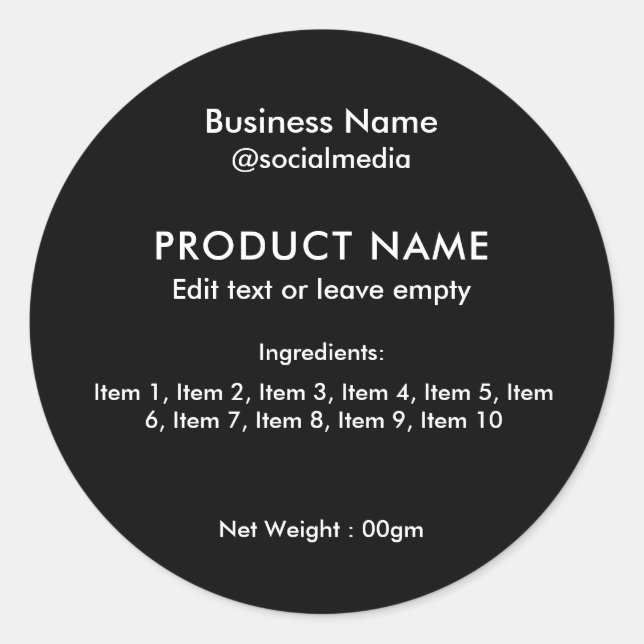 Adesivo Redondo Rótulo do Produto Ingredientes Modernos Pretos (Frente)