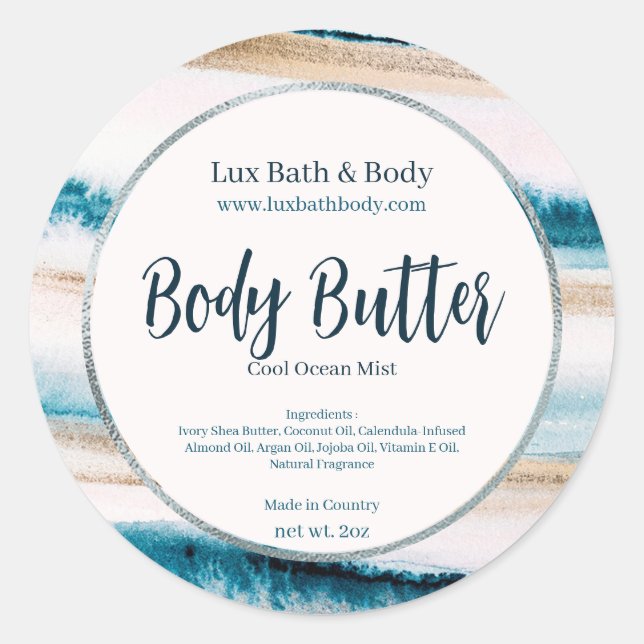 Adesivo Redondo Rótulo do Produto Químico Silver Neutro Azul Brush (Frente)