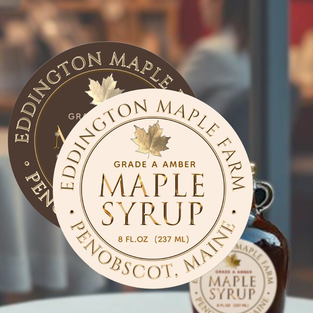 Adesivo Redondo Rótulo do Xarope de Mapeamento Dourado com Folha D (Criador carregado)