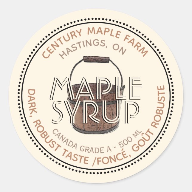 Adesivo Redondo Rótulo Editável Canadiano do Xarope (Balde Sap) (Frente)