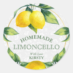 Adesivo Redondo Rótulo Elegante de Limoncello de Limão em Aquarela