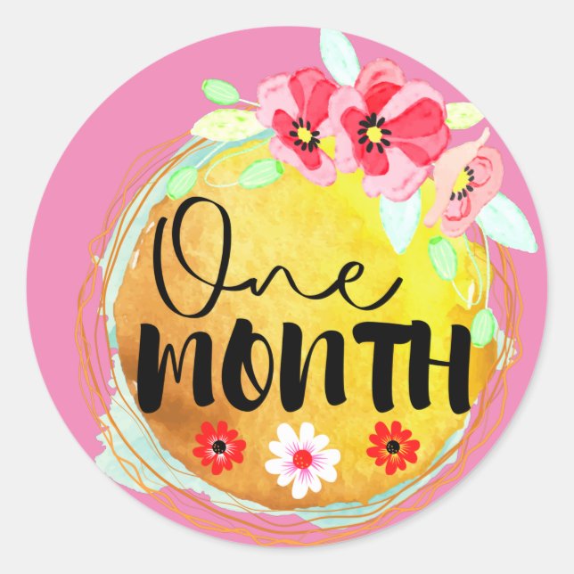 Adesivo Redondo Rótulo Floral de Milestone Bebê Com Um Mês (Frente)