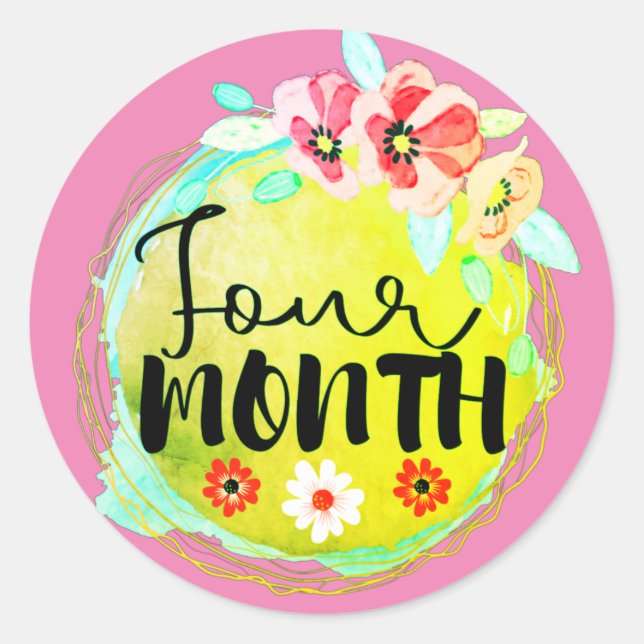 Adesivo Redondo Rótulo Floral de Milestone de Bebê com 4 Meses (Frente)