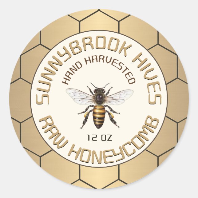 Adesivo Redondo Rótulo Honeycomb das abelhas Colhidas Mão Dourada (Frente)