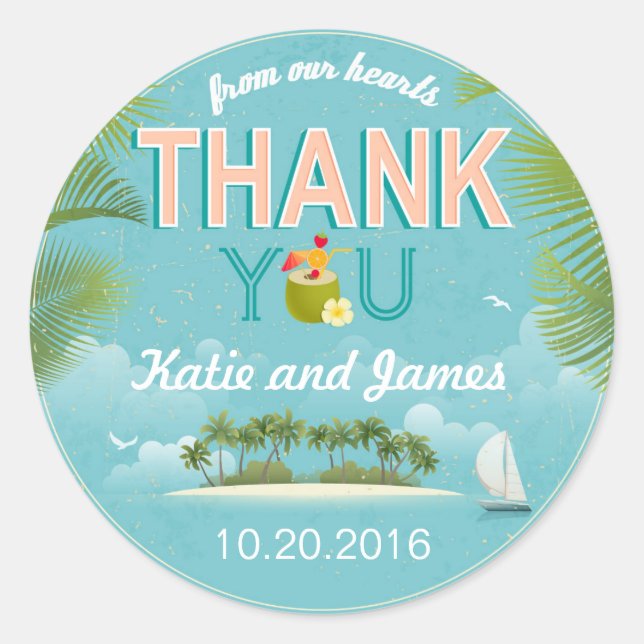 Adesivo Redondo Rótulo Island Resort Destination Obrigado (Frente)