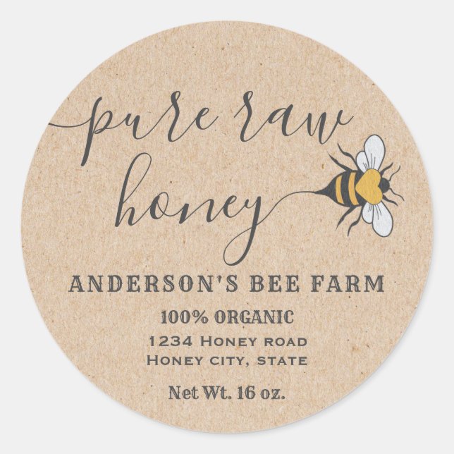 Adesivo Redondo Rótulo Kraft Bee Roteiro puro de mel cru (Frente)