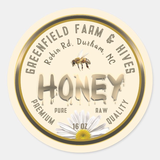 Adesivo Redondo Rótulo Metálico Dourado de Mel Folha de Daisy (Frente)