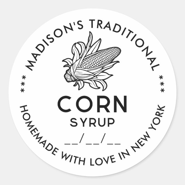 Adesivo Redondo Rótulo moderno de xarope de milho com espiga preta (Frente)