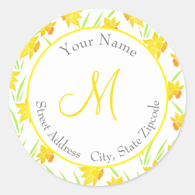 Adesivo Redondo Rótulo 'Padrão de Daffodil de Aquarela' (Frente)