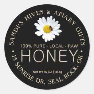 Adesivo Redondo Rótulo PURE LOCAL RAW HONEY com margarida e abelha