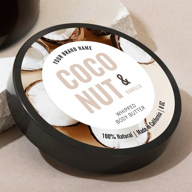 Adesivo Redondo Rótulo Redondo Da Tampa Do Corpo Moderno Com Foto (Round product label with bold type in neutral beige with custom photo background)