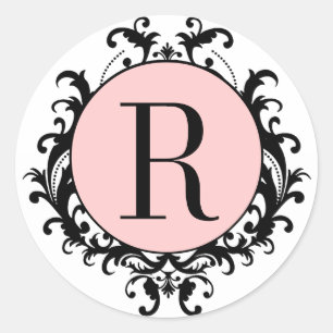 Adesivo Redondo Rótulo Rosa Damástico e Monograma de Casamento Bra