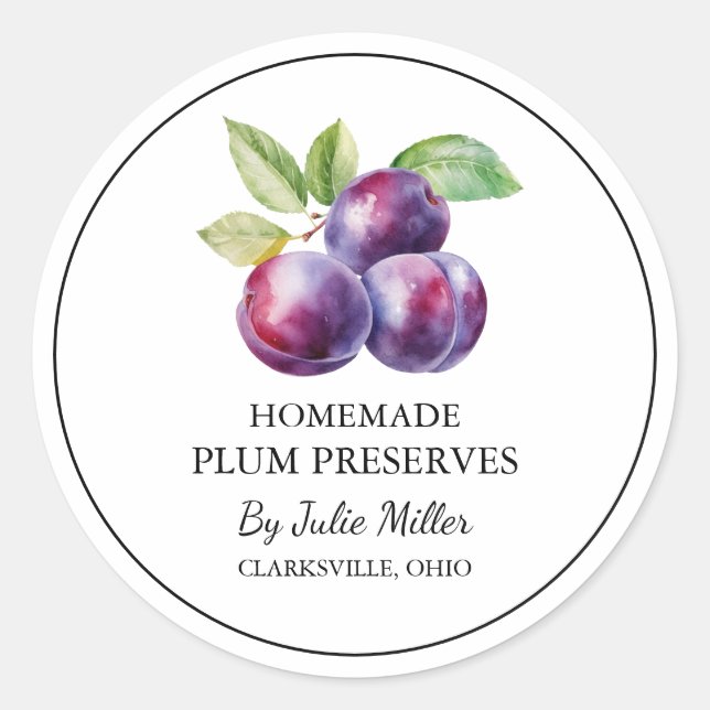 Adesivo Redondo Rótulo Simples de Preservação de Plum Homemade (Frente)