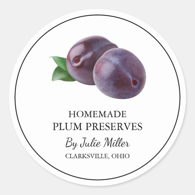Adesivo Redondo Rótulo Simples de Preservação de Plum Homemade (Frente)
