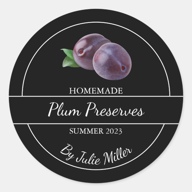 Adesivo Redondo Rótulo Simples de Preservação de Plum Homemade (Frente)