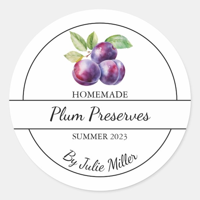 Adesivo Redondo Rótulo Simples de Preservação de Plum Homemade (Frente)