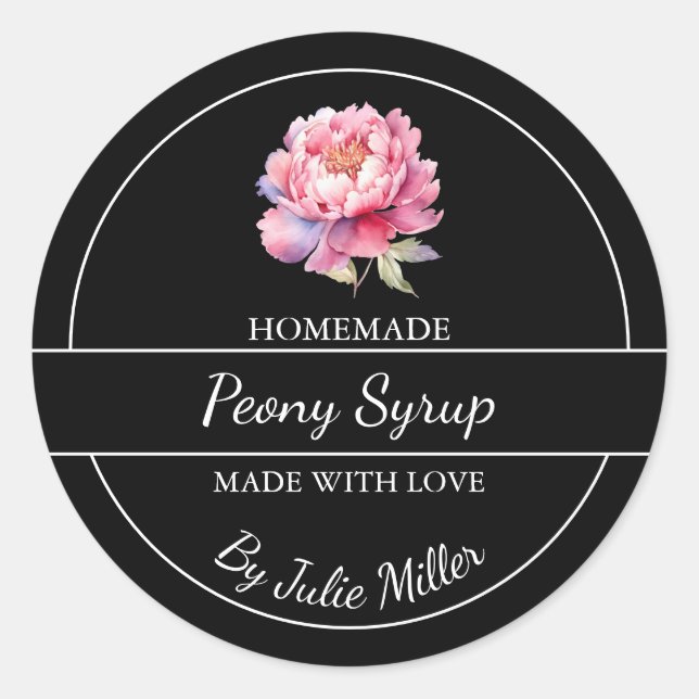 Adesivo Redondo Rótulo Simples de Xarope de Peônias Caseiras (Frente)