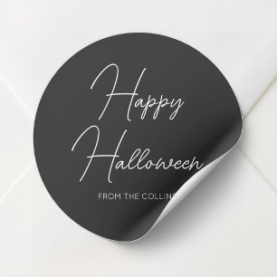 Adesivo Redondo Rótulo Simples Preto e Branco Feliz Halloween