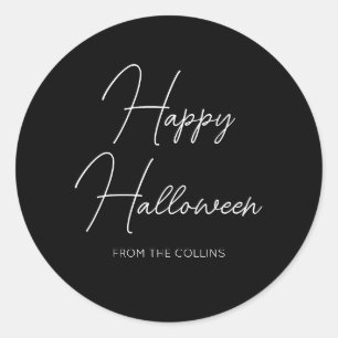 Adesivo Redondo Rótulo Simples Preto e Branco Feliz Halloween