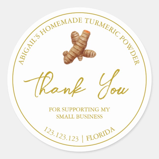 Adesivo Redondo Rótulo Simples Turmeric Homemade Obrigado (Frente)