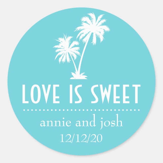 Adesivo Redondo Rótulo Tropical Palm Tree Love É Doce (Turquesa) (Frente)