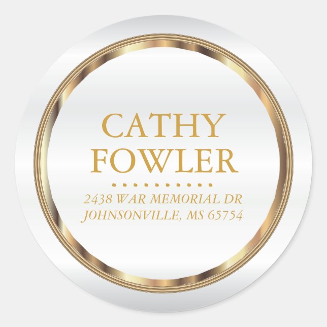 Adesivo Redondo Rótulos brancos e Dourados de endereço redondo (Frente)