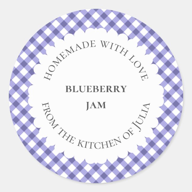 Adesivo Redondo Rótulos de alimentos em xadrez azul para presentes (Frente)