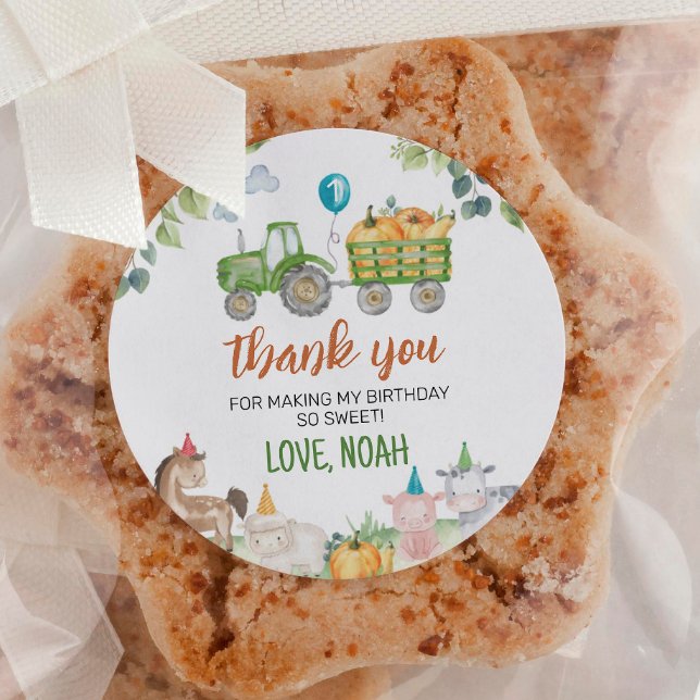 Adesivo Redondo Rótulos de Aniversário de Animais da Fazenda de Tr (Criador carregado)