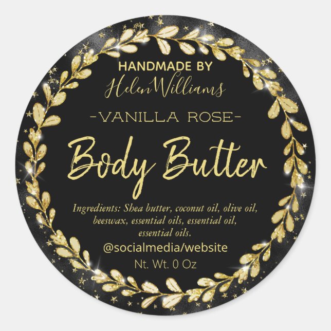 Adesivo Redondo Rótulos de Body Butter com Moldura Folheada a Ouro (Frente)