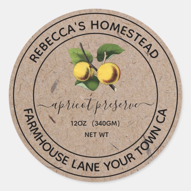 Adesivo Redondo Rótulos de conserva de damasco em papel kraft para (Frente)