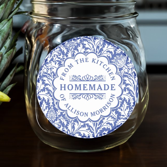 Adesivo Redondo Rótulos de Conservas Antigas William Morris Azul B (Size shown approximates the 3 inch size.)