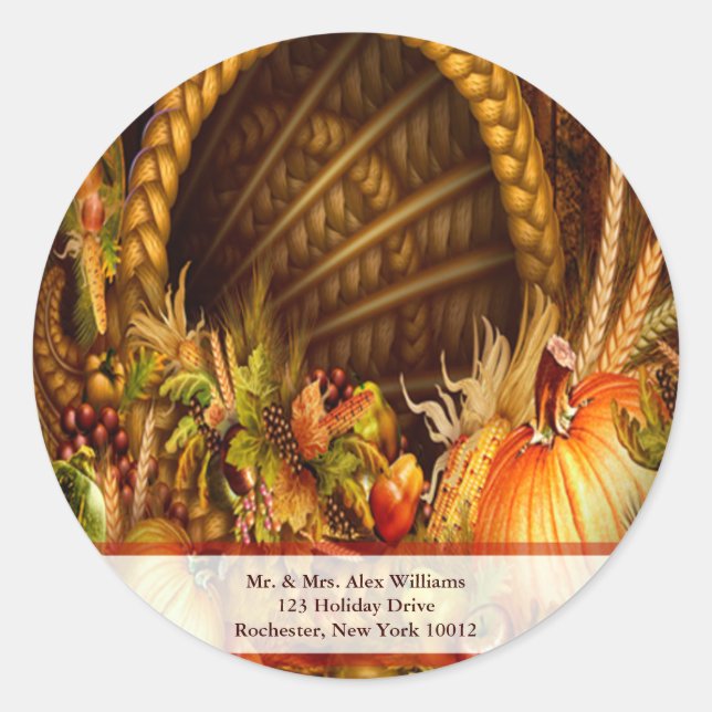 Adesivo Redondo Rótulos de Endereço de Cornucópia de Ação de Graça (Frente)