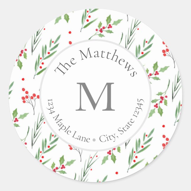 Adesivo Redondo Rótulos de padrão de aquarela botânica de feriado  (Frente)